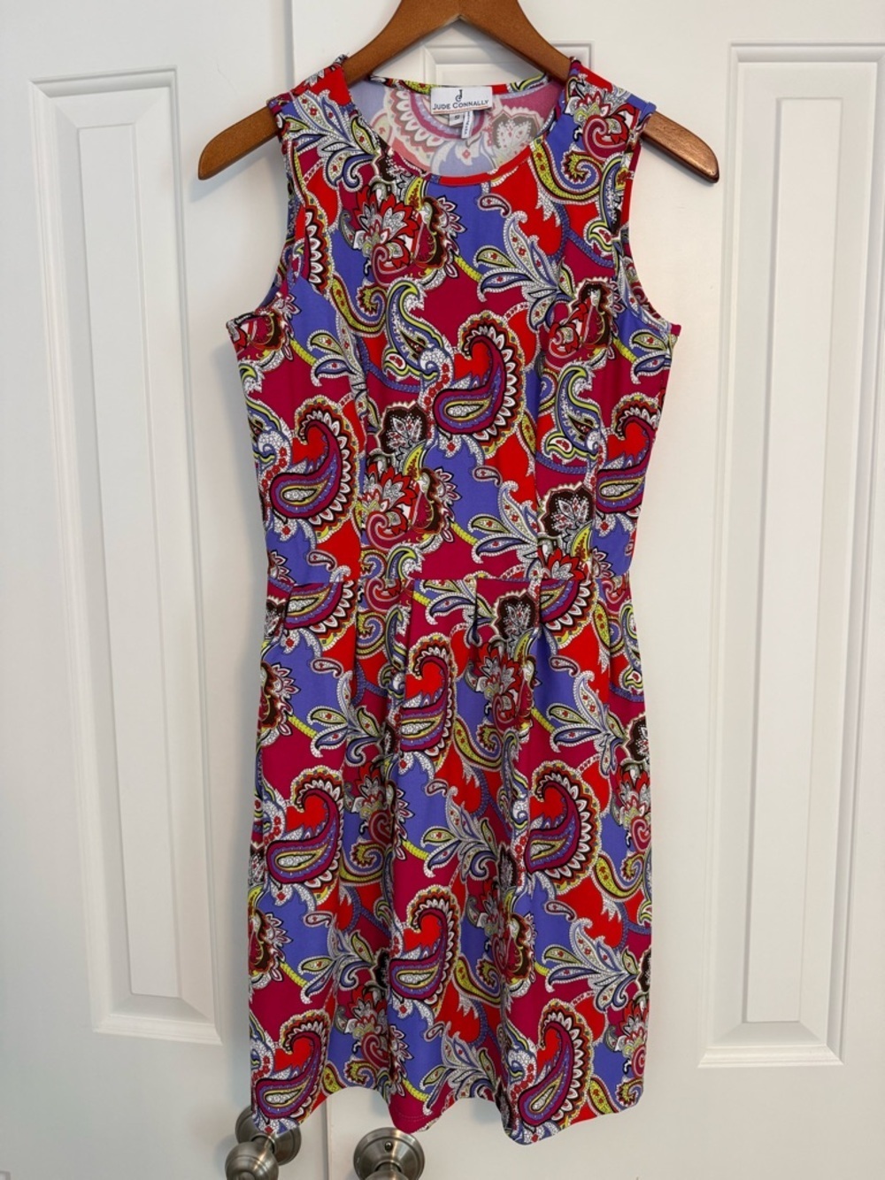 Jude Connally Pink Orange Paisley Floral Print Knit Fit Flare Mini Dress Small